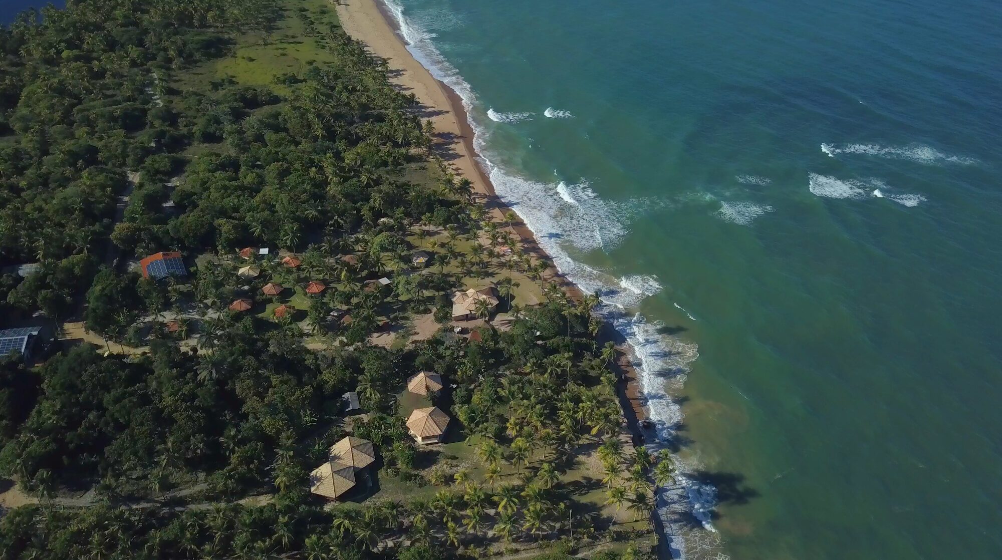 Vista aérea da costa: bangalôs escondidos entre a mata e o mar
